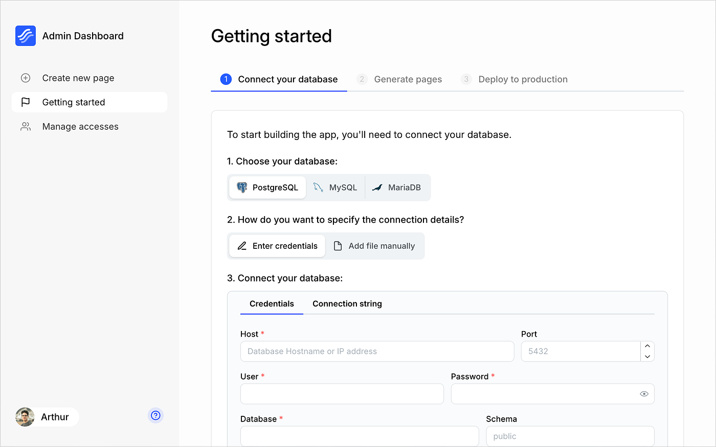 Getting started page where you can connect your database | Kottster