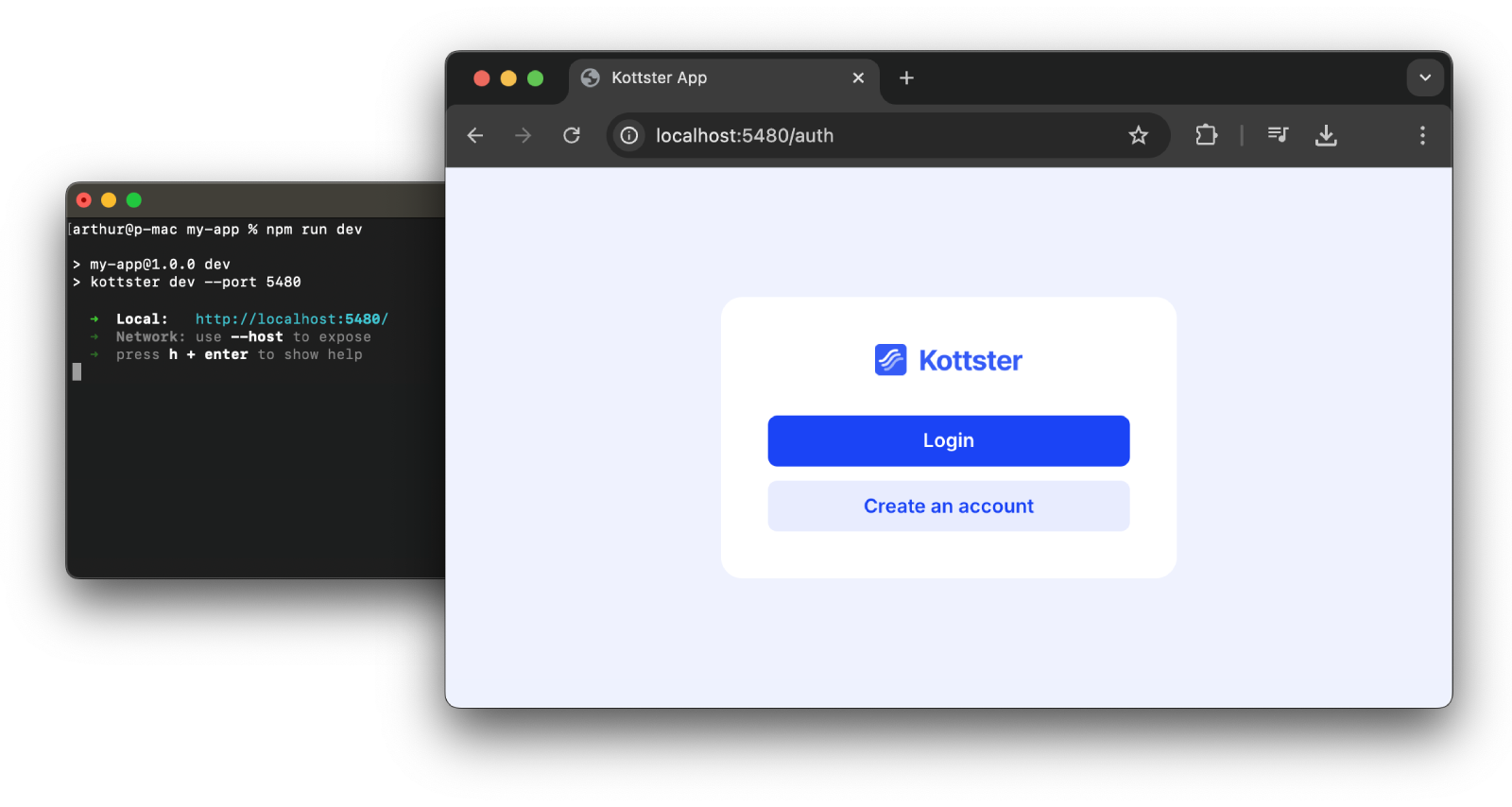 Authentication page where you can create an account | Kottster