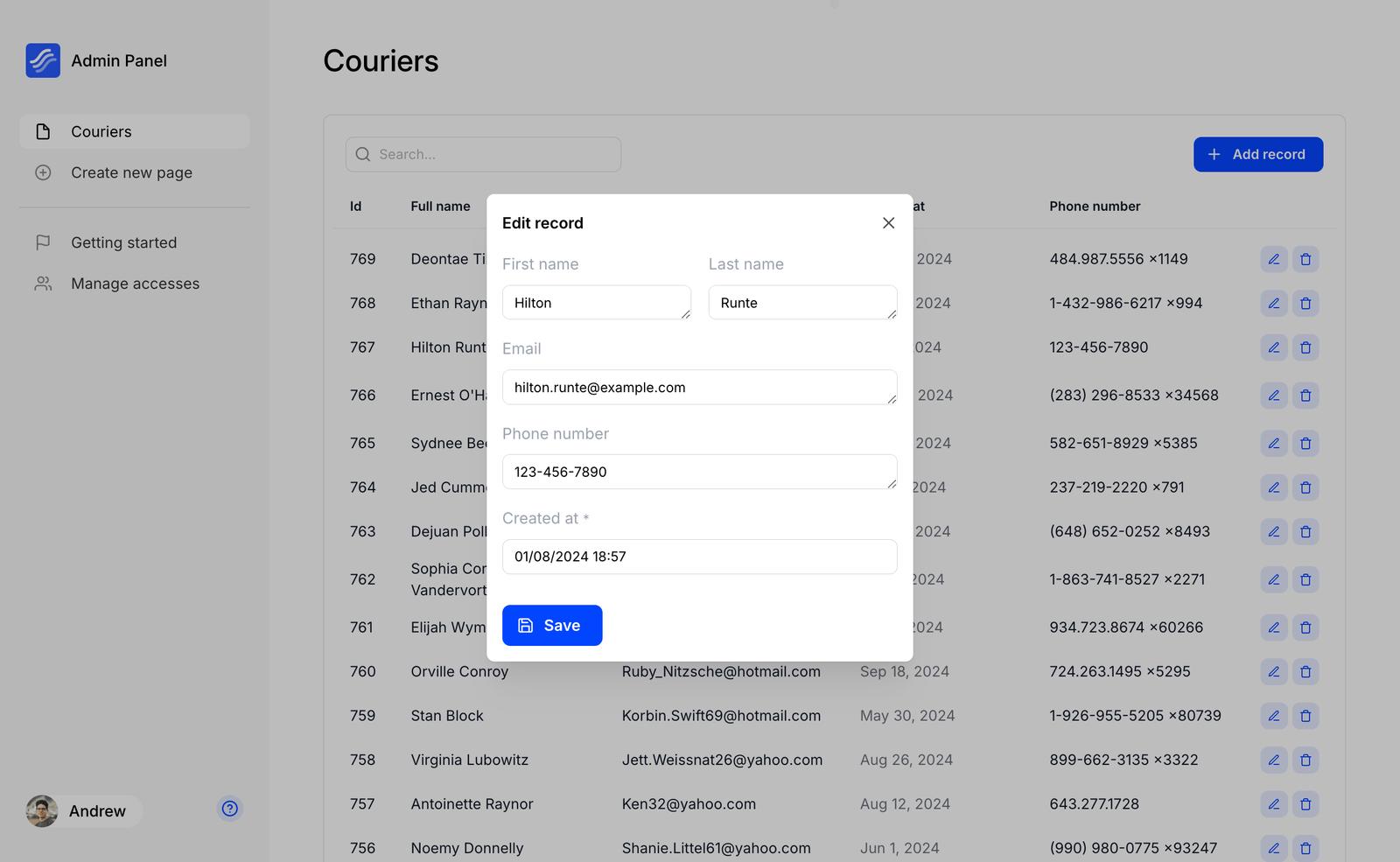 Table page with modal form | Kottster